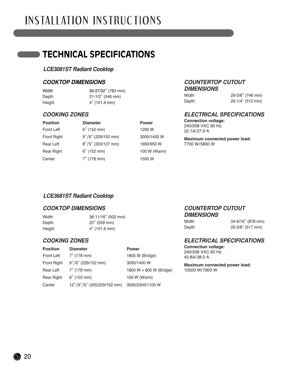 Technical specifications | LG LCE3681ST User Manual | Page 20 / 100