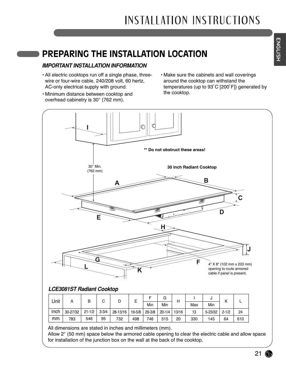 Preparing the installation location | LG LCE3681ST User Manual | Page 21 / 100