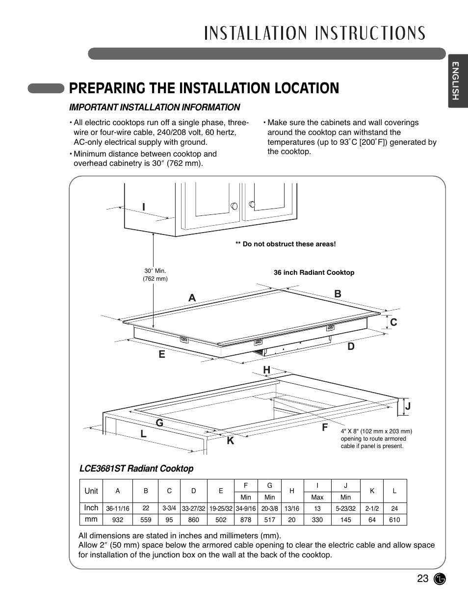 Preparing the installation location | LG LCE3681ST User Manual | Page 23 / 100