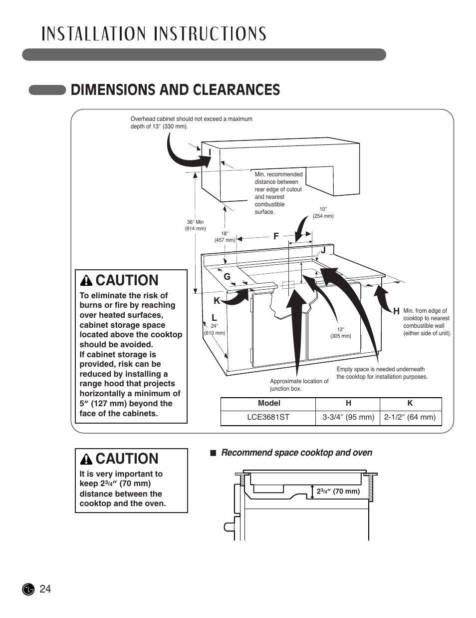 Dimensions and clearances, Caution, Recommend space cooktop and oven | LG LCE3681ST User Manual | Page 24 / 100