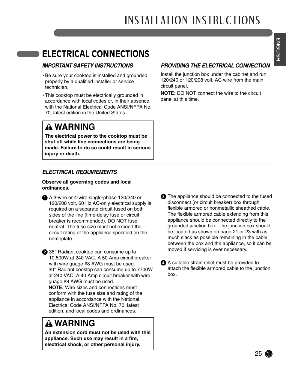 Electrical connections, Warning | LG LCE3681ST User Manual | Page 25 / 100