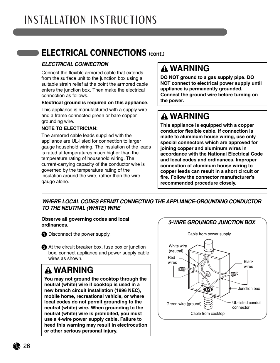 Electrical connections, Warning | LG LCE3681ST User Manual | Page 26 / 100