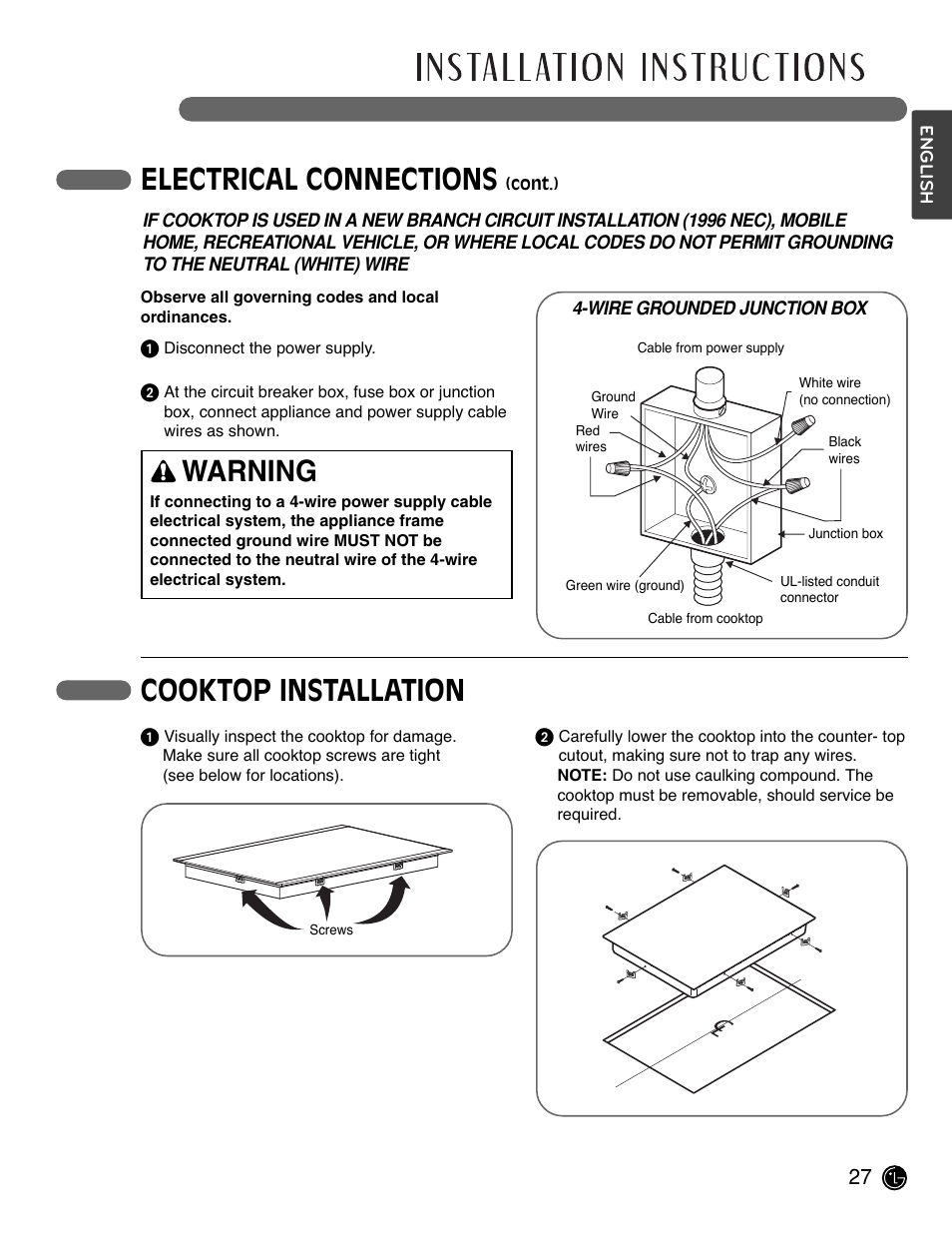 Electrical connections, Warning, Cooktop installation | LG LCE3681ST User Manual | Page 27 / 100