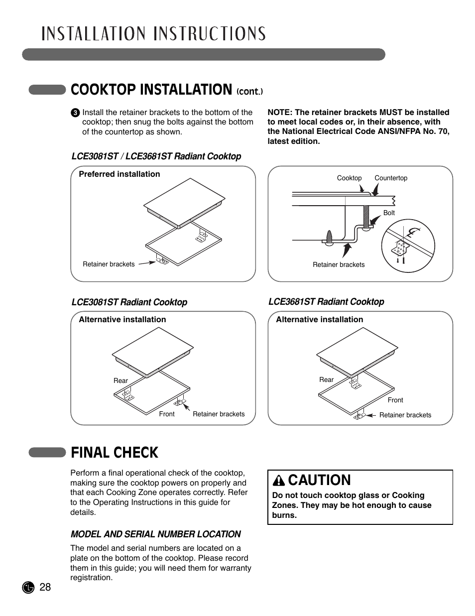 Cooktop installation, Final check, Caution | LG LCE3681ST User Manual | Page 28 / 100