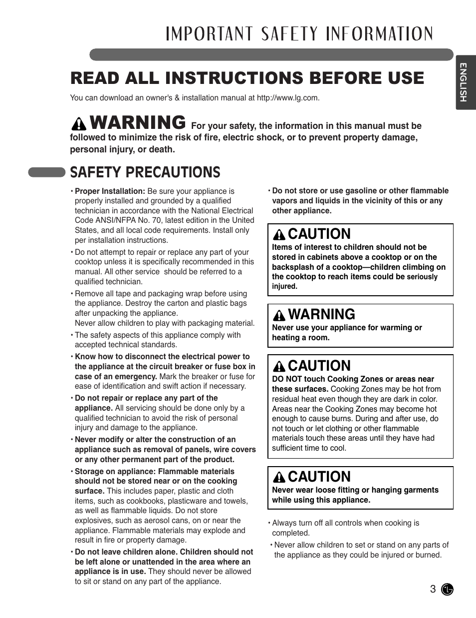 Warning, Read all instructions before use, Safety precautions | Caution | LG LCE3681ST User Manual | Page 3 / 100