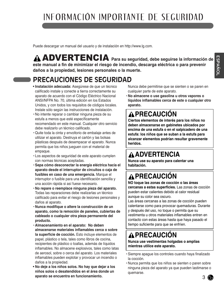 Advertencia, Lea todas las instrucciones antes de usar, Precauciones de seguridad | Precaución | LG LCE3681ST User Manual | Page 35 / 100