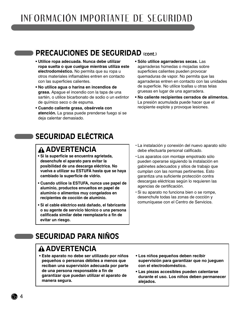 Lea todas las instrucciones antes de usar, Precauciones de seguridad, Seguridad eléctrica | Seguridad para niños, Advertencia | LG LCE3681ST User Manual | Page 36 / 100