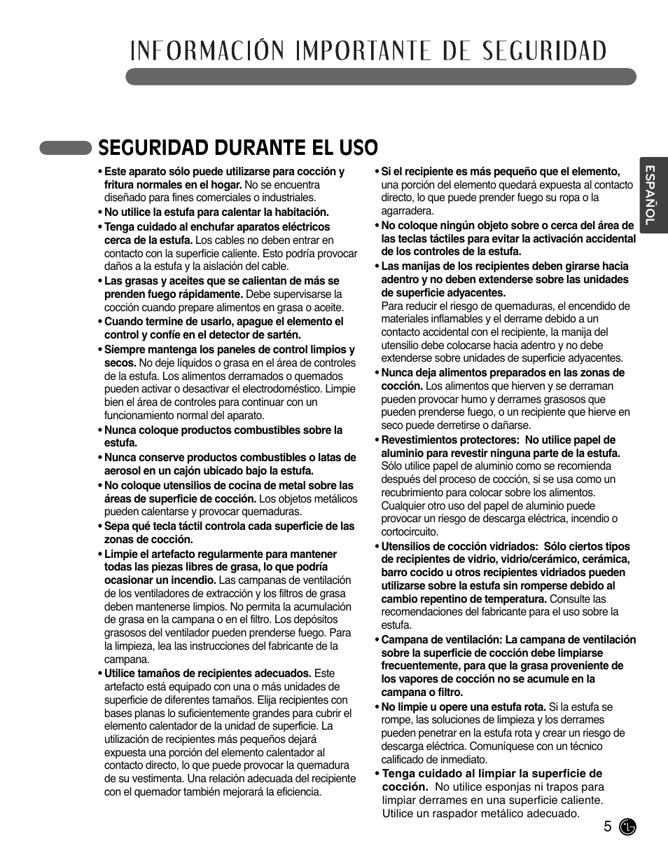 Lea todas las instrucciones antes de usar, Seguridad durante el uso | LG LCE3681ST User Manual | Page 37 / 100