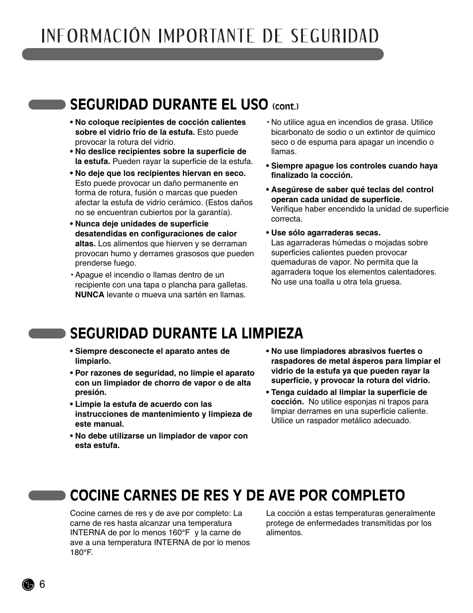 Seguridad durante el uso, Seguridad durante la limpieza, Cocine carnes de res y de ave por completo | LG LCE3681ST User Manual | Page 38 / 100