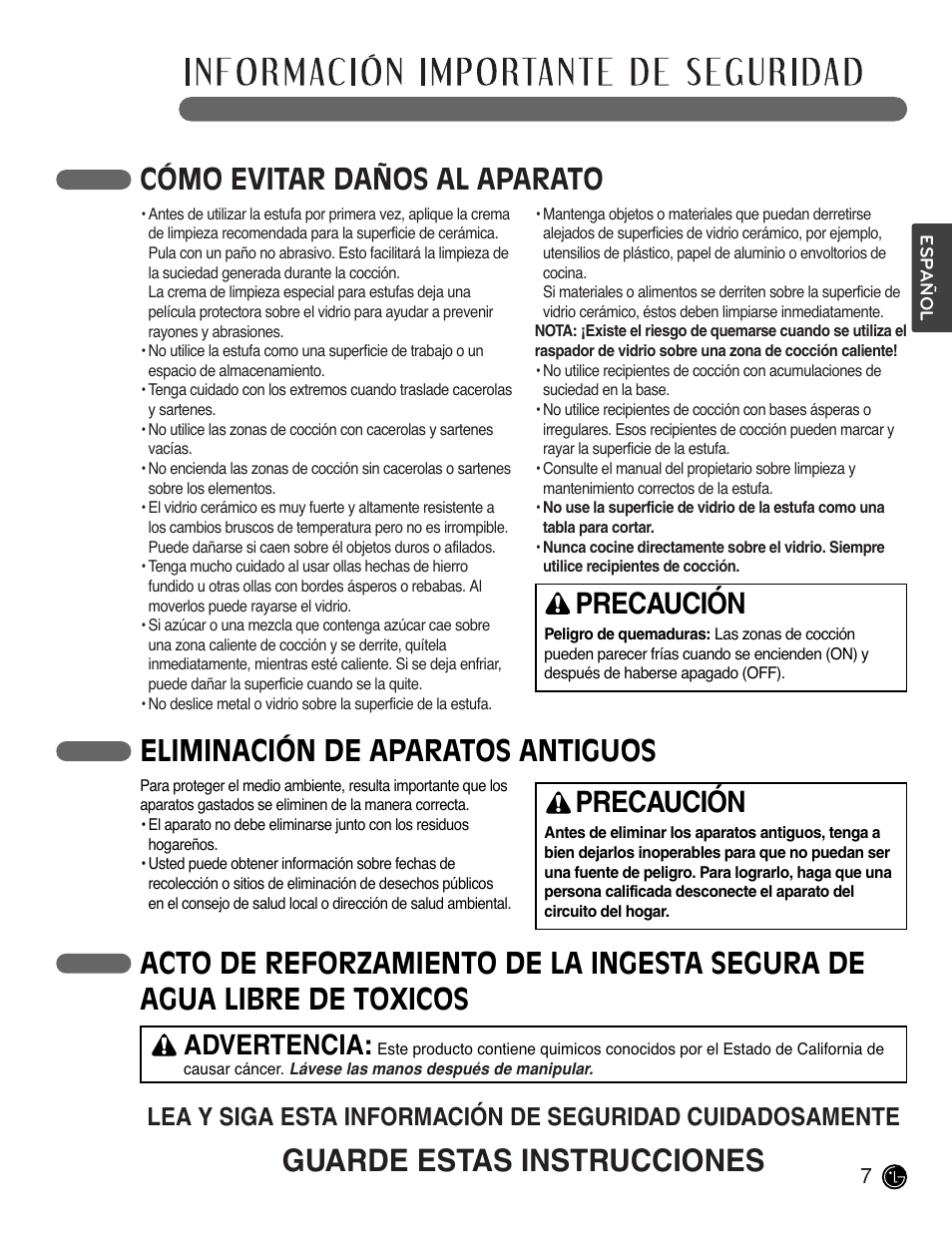 Guarde estas instrucciones, Cómo evitar daños al aparato, Eliminación de aparatos antiguos | Precaución, Advertencia | LG LCE3681ST User Manual | Page 39 / 100