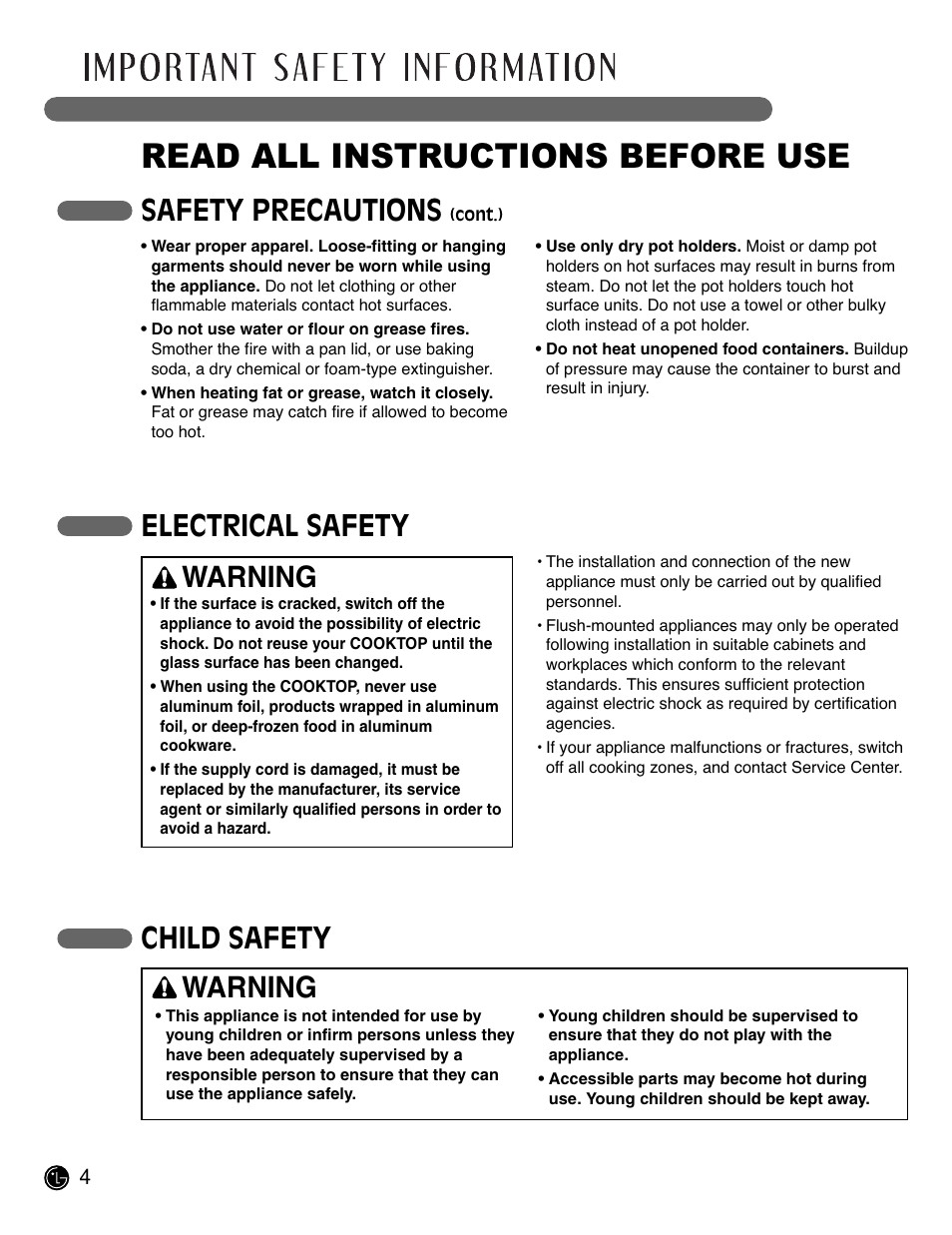 Read all instructions before use, Safety precautions, Electrical safety | Child safety, Warning | LG LCE3681ST User Manual | Page 4 / 100