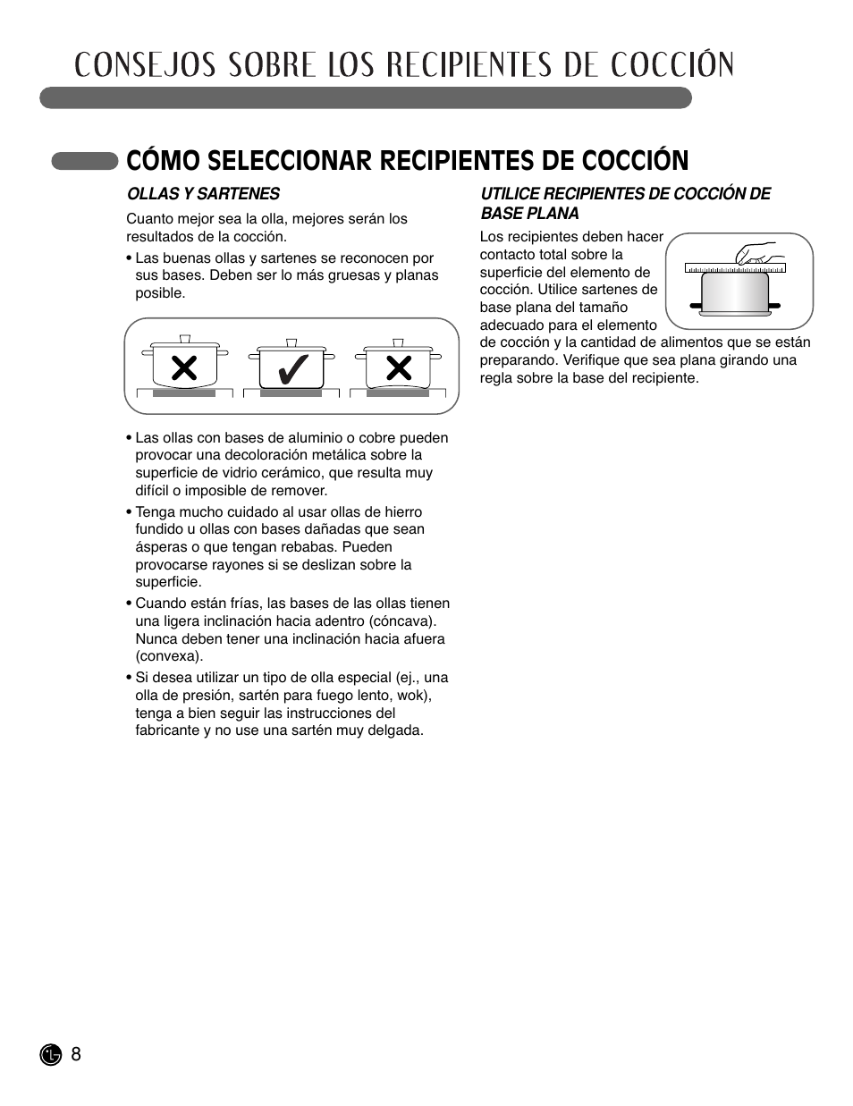 Cómo seleccionar recipientes de cocción | LG LCE3681ST User Manual | Page 40 / 100