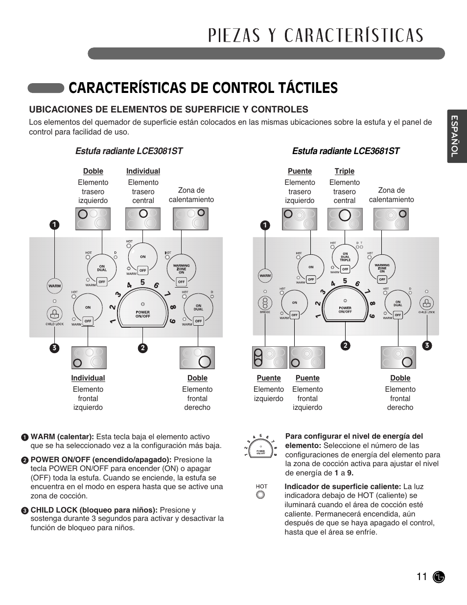 Características de control táctiles | LG LCE3681ST User Manual | Page 43 / 100
