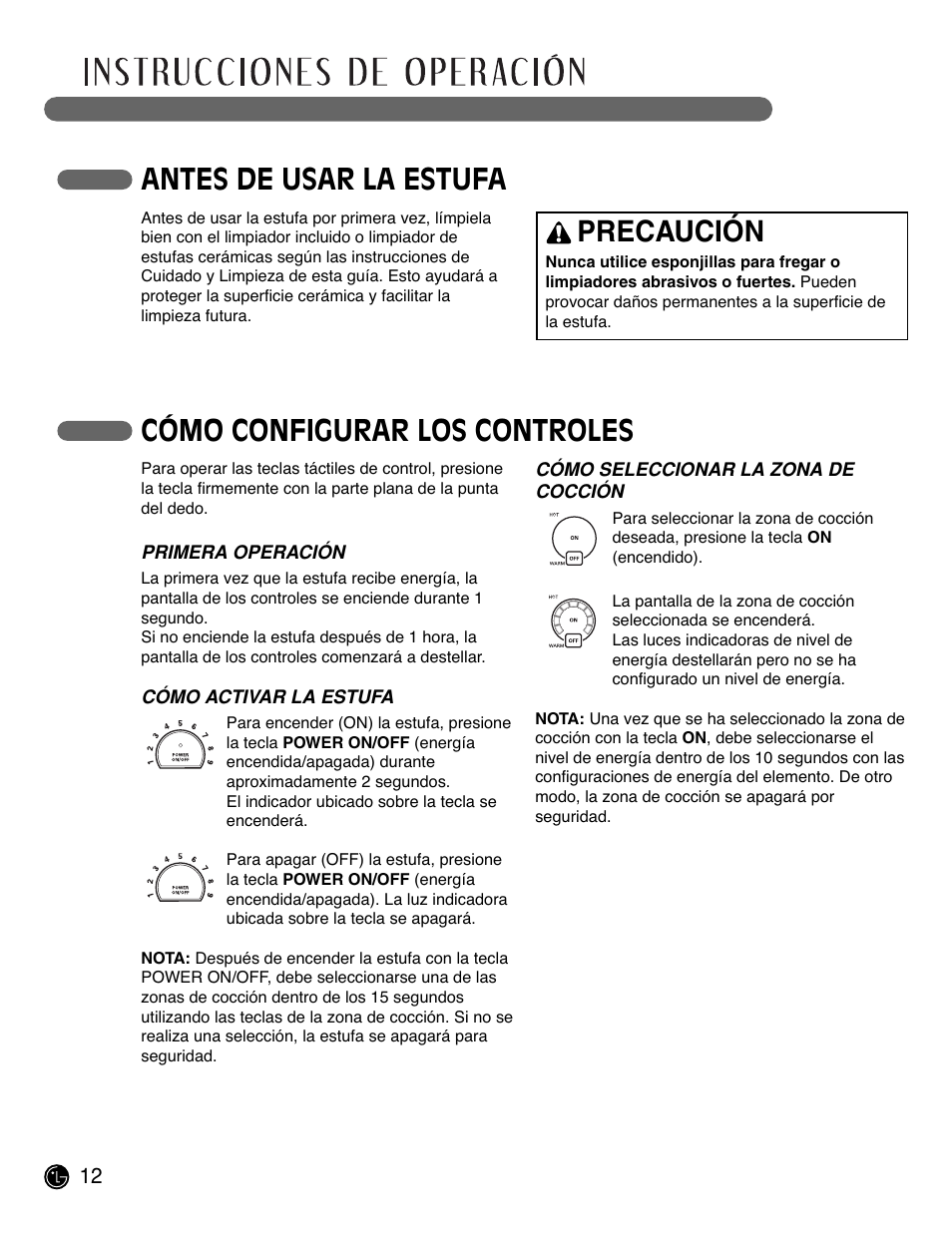 Antes de usar la estufa, Cómo configurar los controles precaución | LG LCE3681ST User Manual | Page 44 / 100