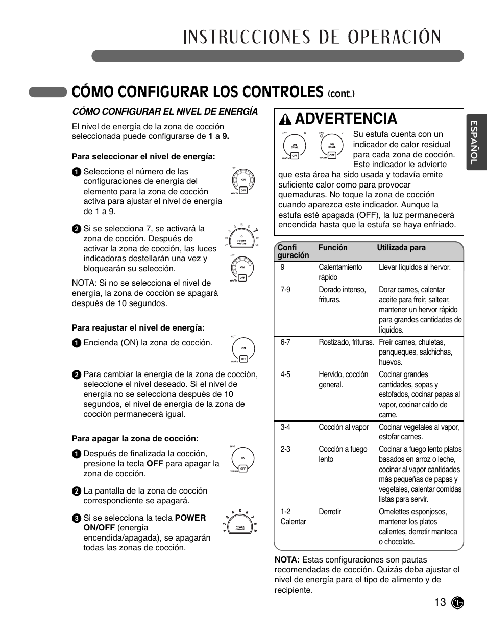 Cómo configurar los controles, Advertencia | LG LCE3681ST User Manual | Page 45 / 100