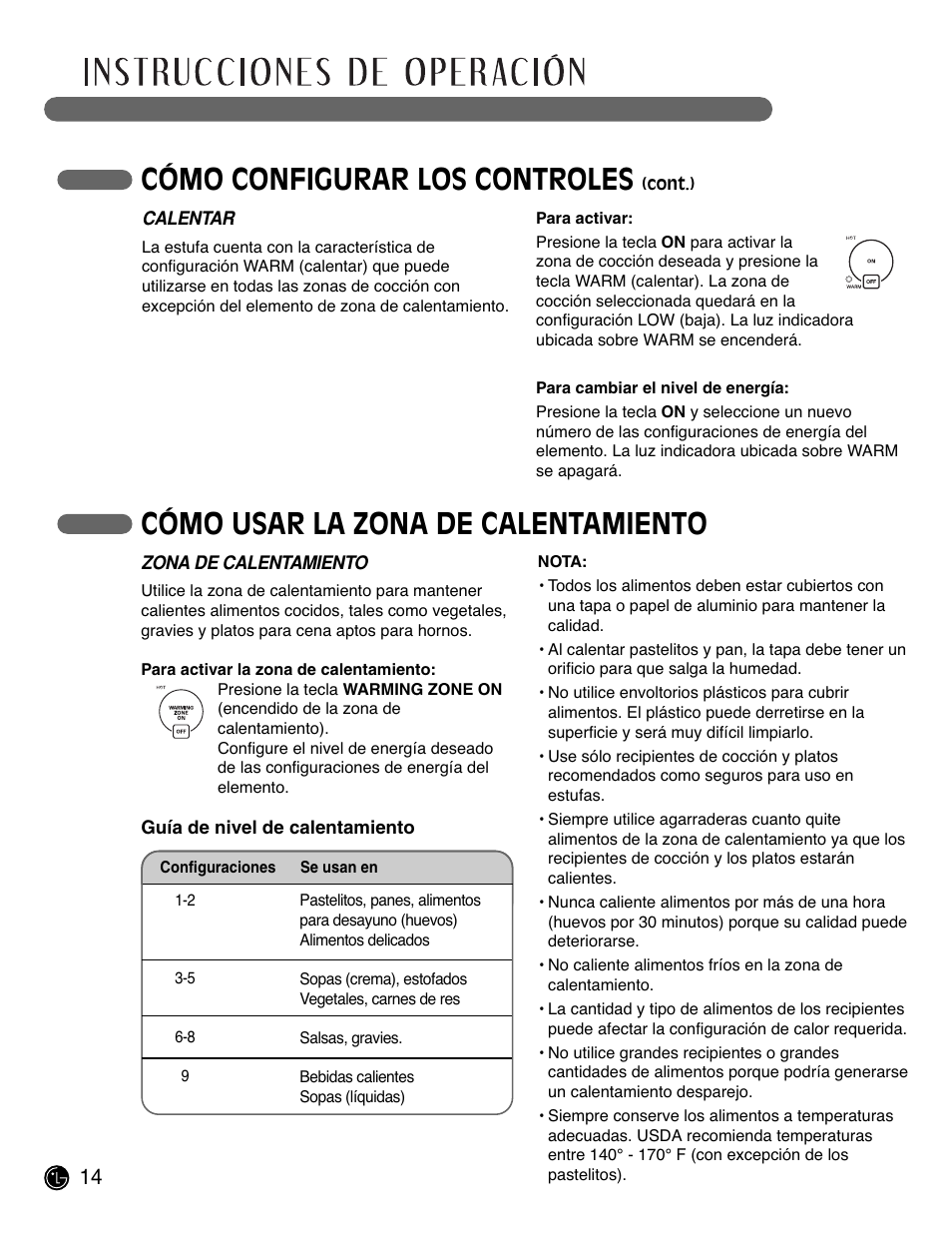 Cómo configurar los controles, Cómo usar la zona de calentamiento | LG LCE3681ST User Manual | Page 46 / 100