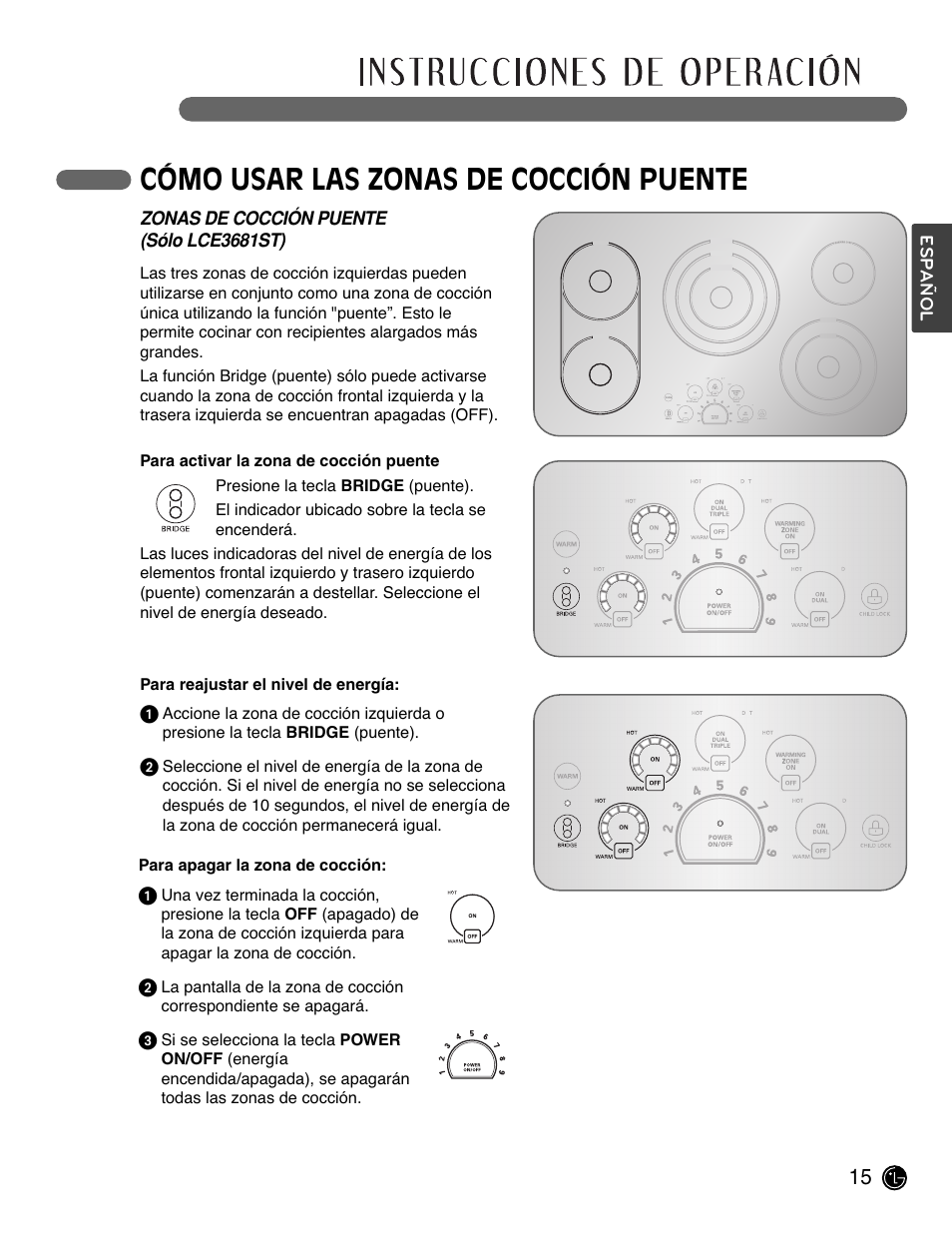 Cómo usar las zonas de cocción puente | LG LCE3681ST User Manual | Page 47 / 100