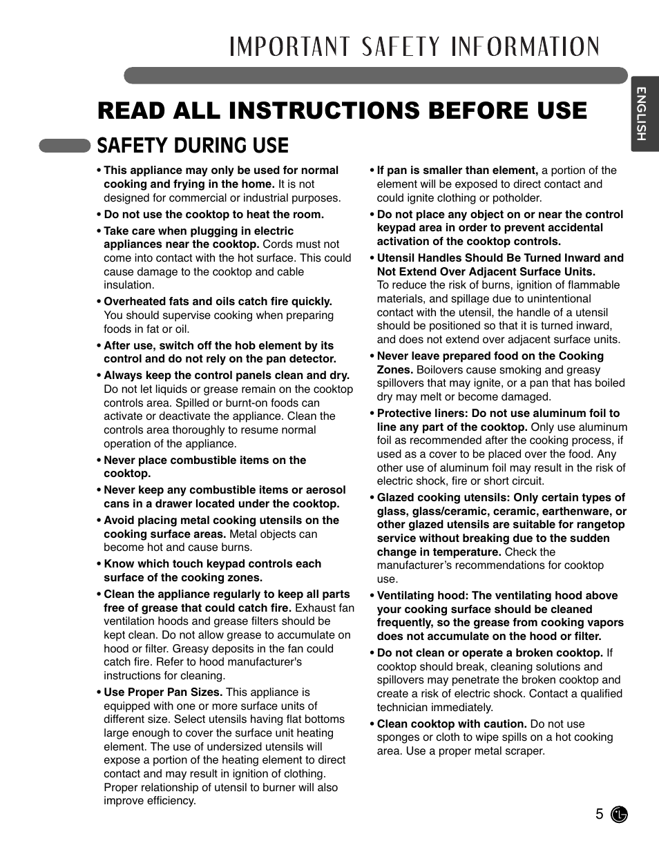 Read all instructions before use, Safety during use | LG LCE3681ST User Manual | Page 5 / 100