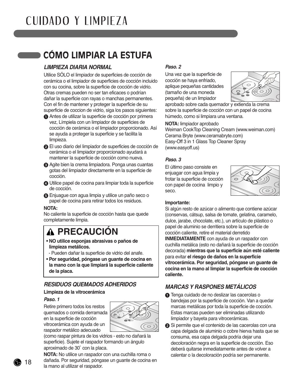 Cómo limpiar la estufa, Precaución | LG LCE3681ST User Manual | Page 50 / 100