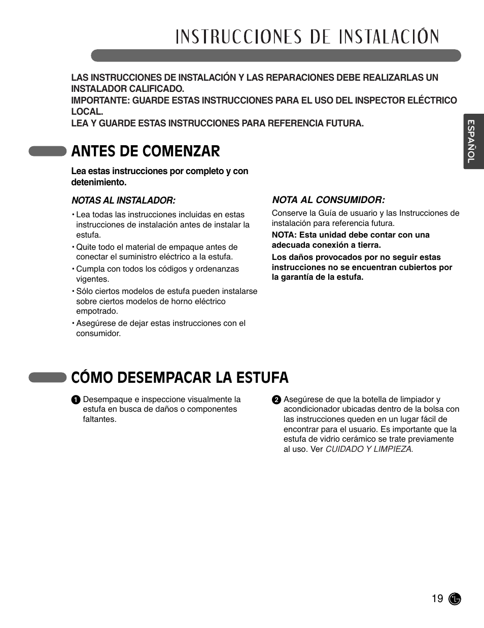 Antes de comenzar, Cómo desempacar la estufa | LG LCE3681ST User Manual | Page 51 / 100