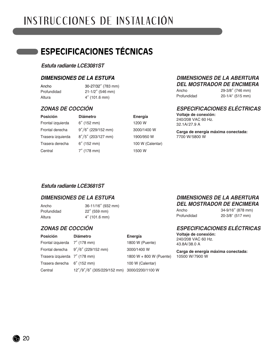 Especificaciones técnicas | LG LCE3681ST User Manual | Page 52 / 100