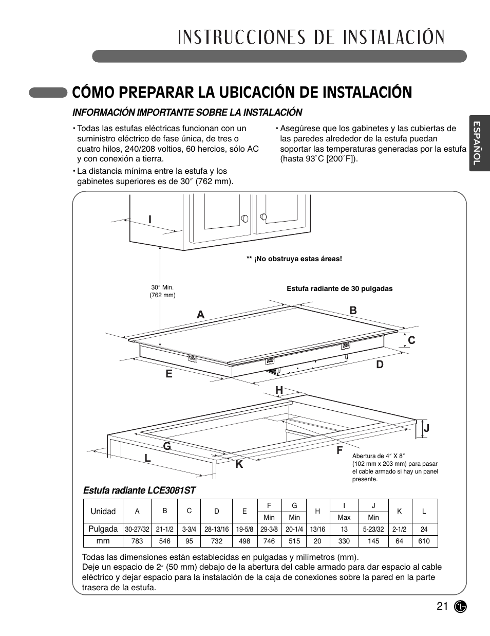 Cómo preparar la ubicación de instalación | LG LCE3681ST User Manual | Page 53 / 100