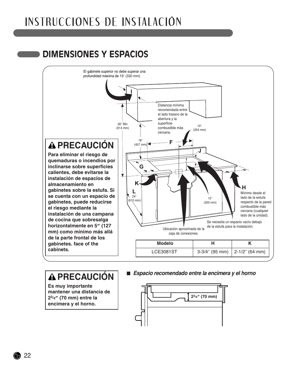 Dimensiones y espacios, Precaución, Espacio recomendado entre la encimera y el horno | LG LCE3681ST User Manual | Page 54 / 100