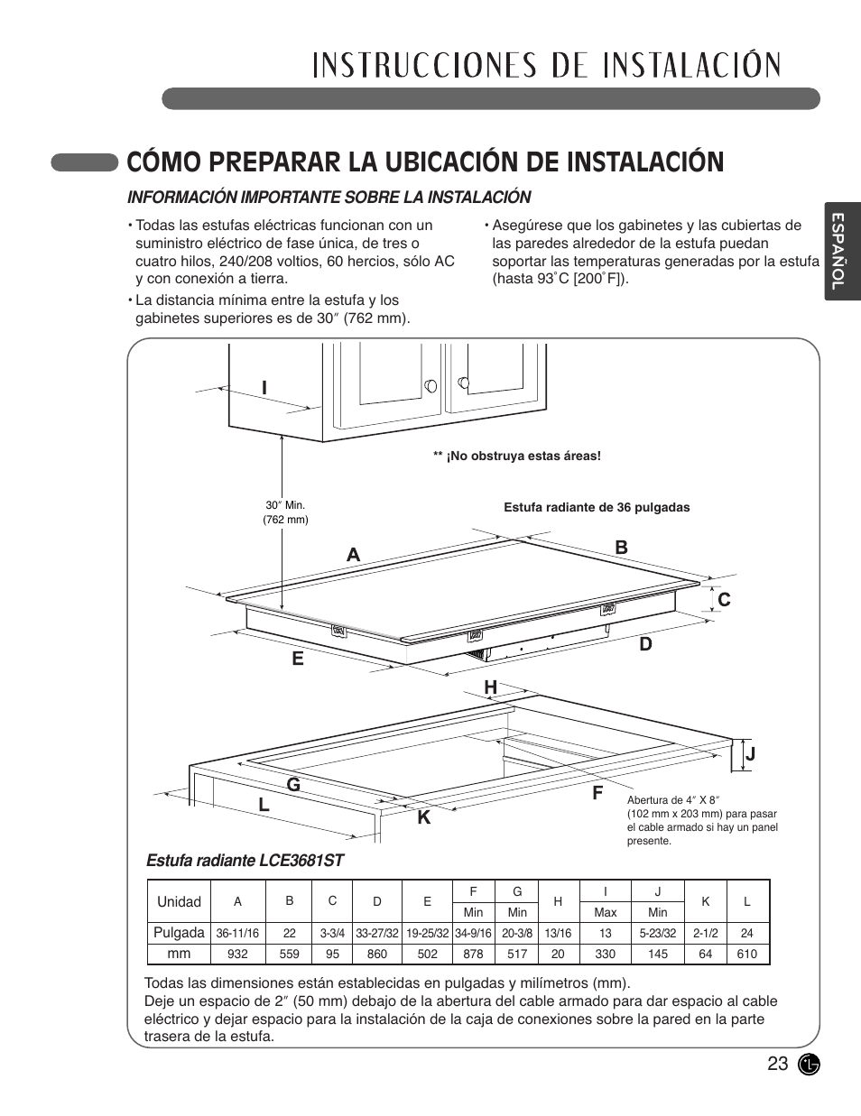 Cómo preparar la ubicación de instalación | LG LCE3681ST User Manual | Page 55 / 100