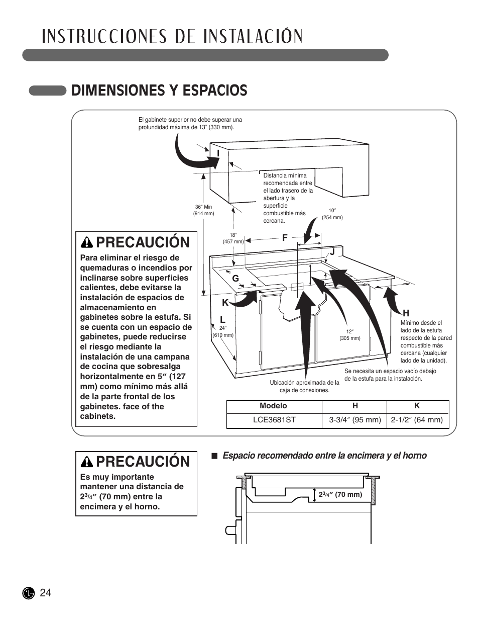 Dimensiones y espacios, Precaución, Espacio recomendado entre la encimera y el horno | LG LCE3681ST User Manual | Page 56 / 100
