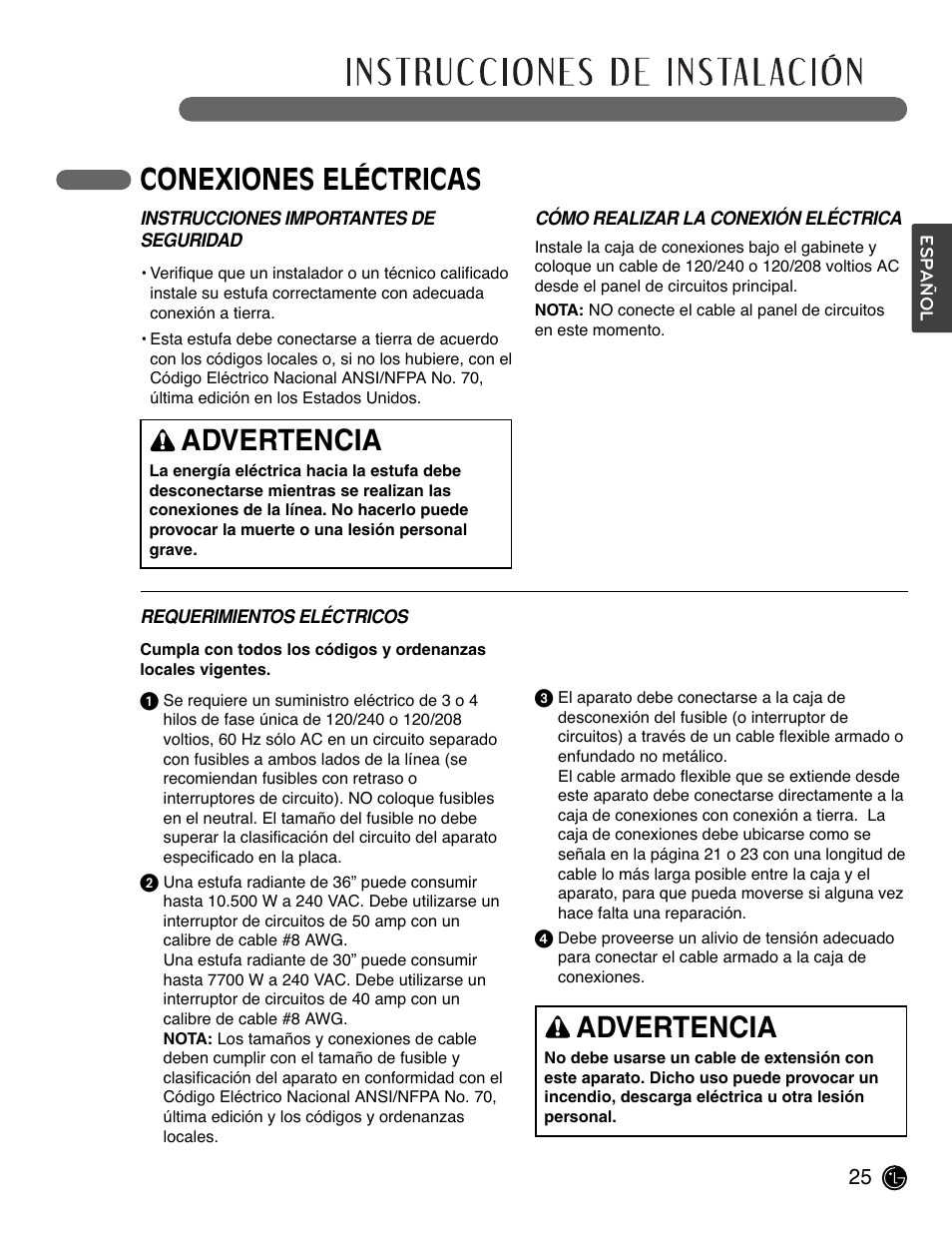 Conexiones eléctricas, Advertencia | LG LCE3681ST User Manual | Page 57 / 100