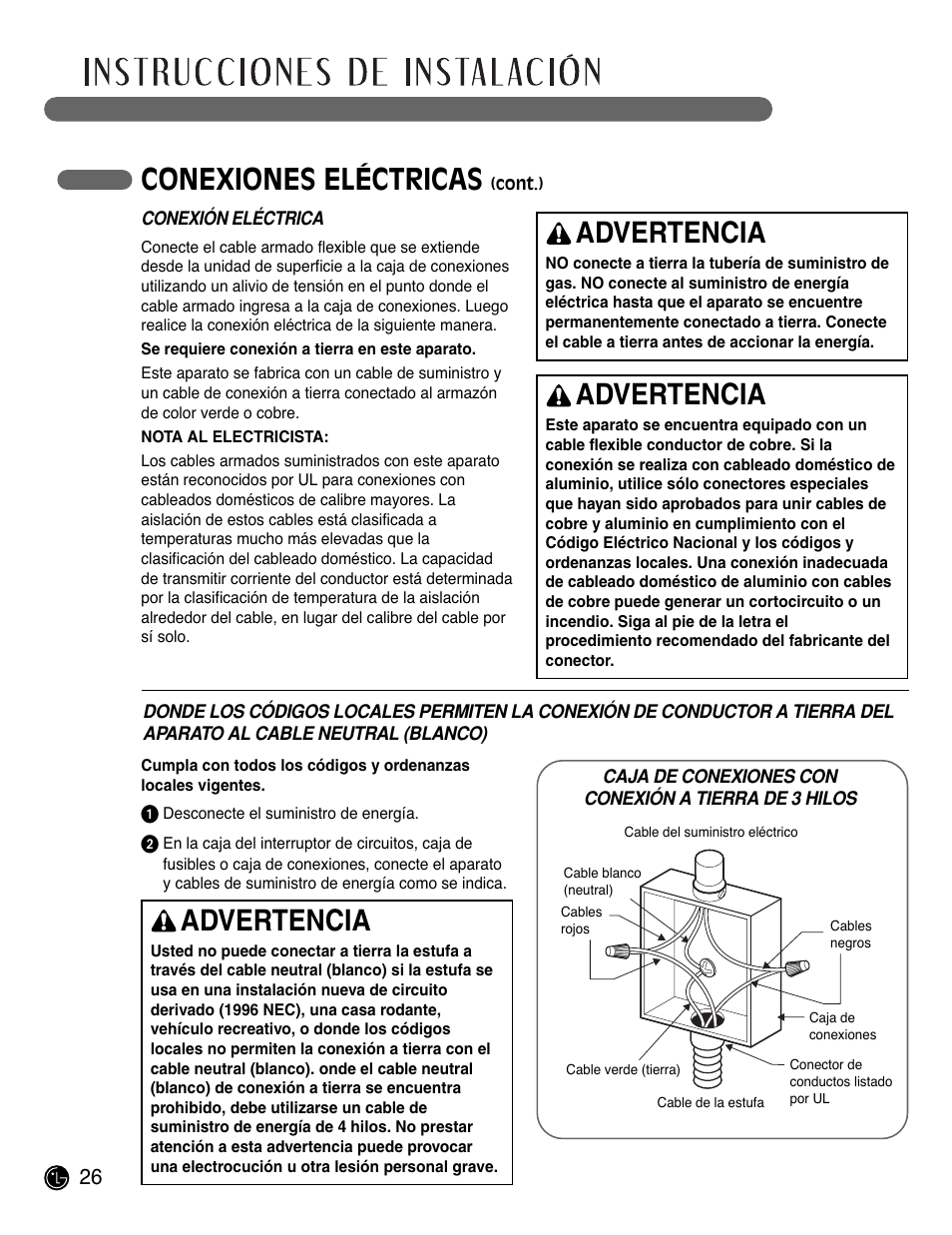 Conexiones eléctricas, Advertencia | LG LCE3681ST User Manual | Page 58 / 100