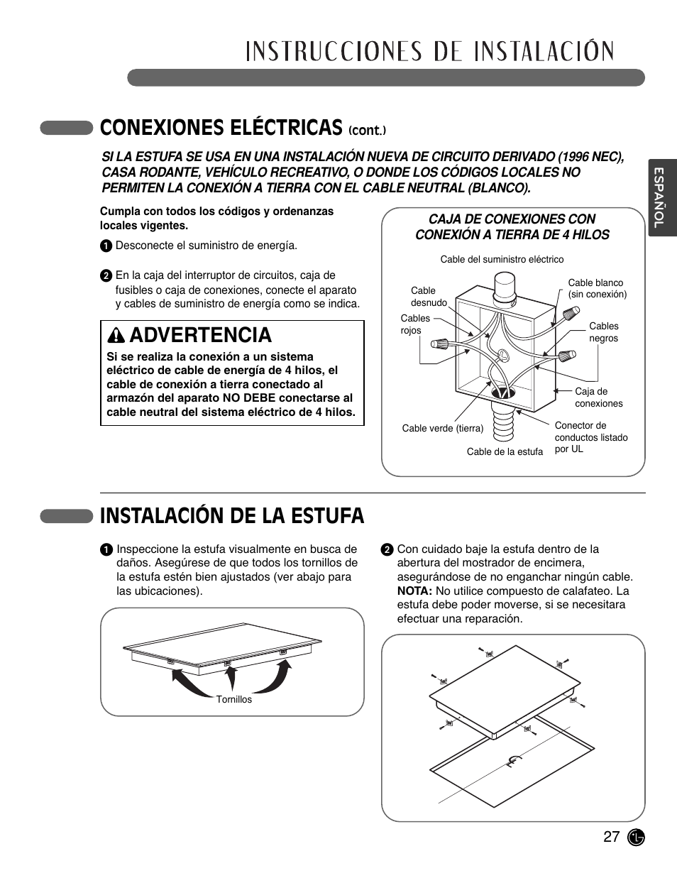 Conexiones eléctricas, Advertencia, Instalación de la estufa | LG LCE3681ST User Manual | Page 59 / 100