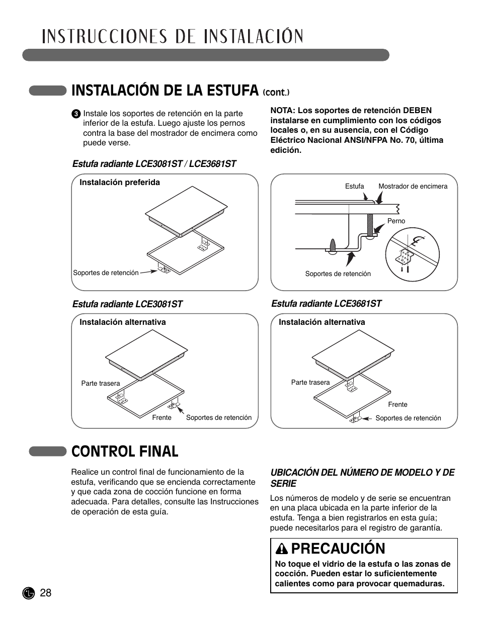 Instalación de la estufa, Control final, Precaución | LG LCE3681ST User Manual | Page 60 / 100