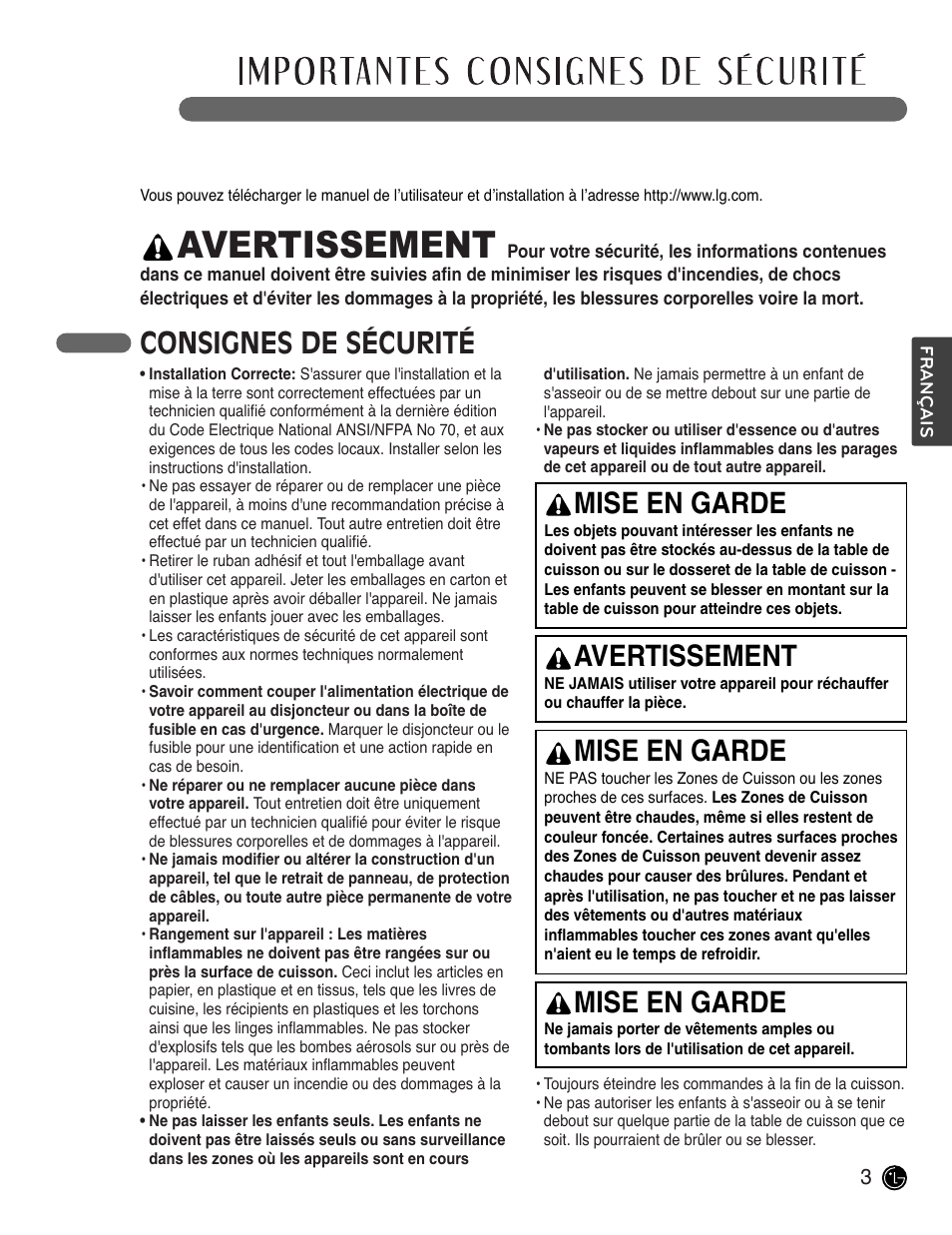 Avertissement, Consignes de sécurité, Mise en garde | LG LCE3681ST User Manual | Page 67 / 100
