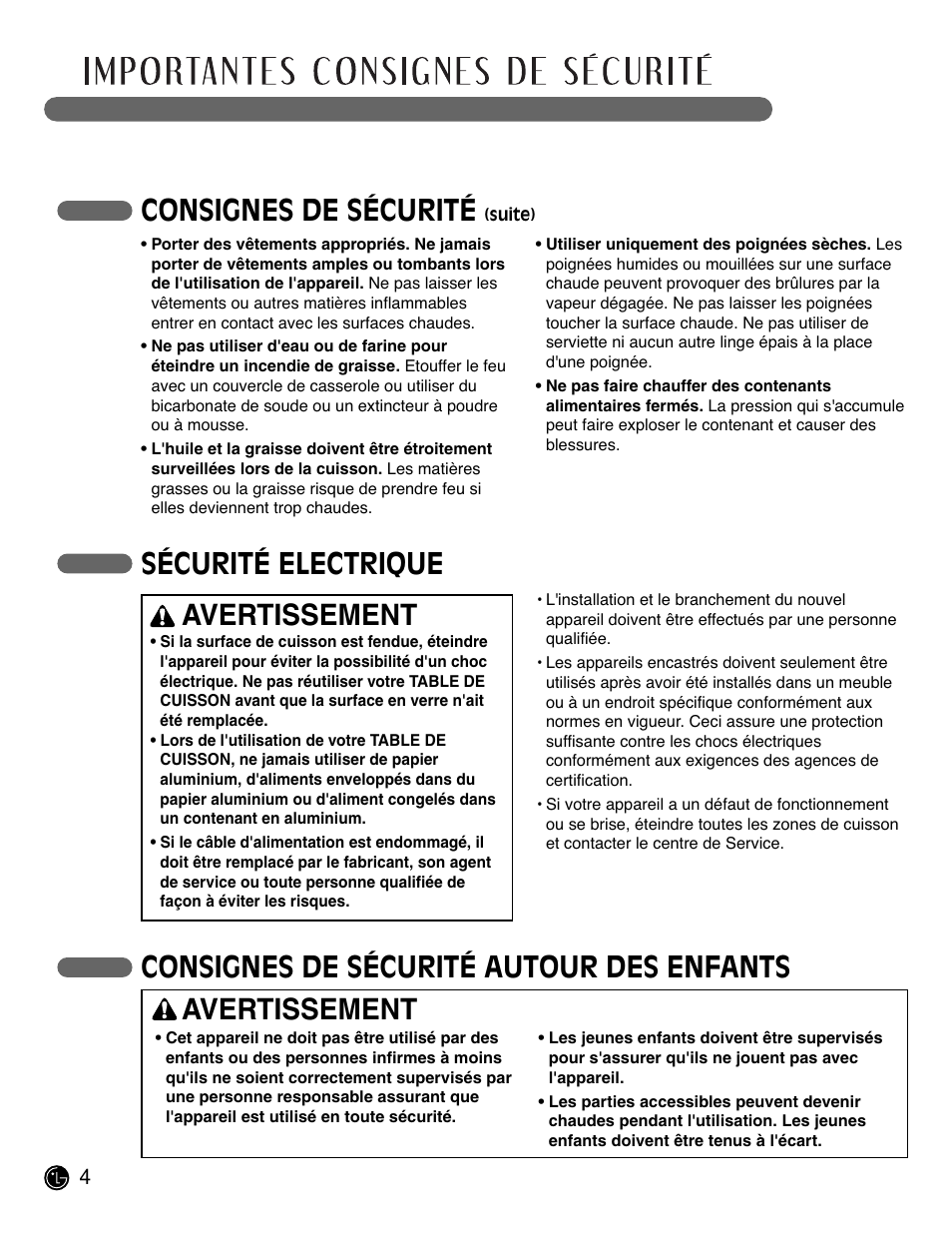 Consignes de sécurité, Sécurité electrique, Consignes de sécurité autour des enfants | Avertissement | LG LCE3681ST User Manual | Page 68 / 100