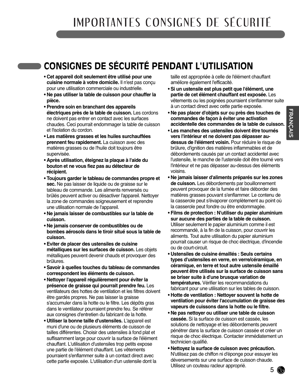 Consignes de sécurité pendant l'utilisation | LG LCE3681ST User Manual | Page 69 / 100