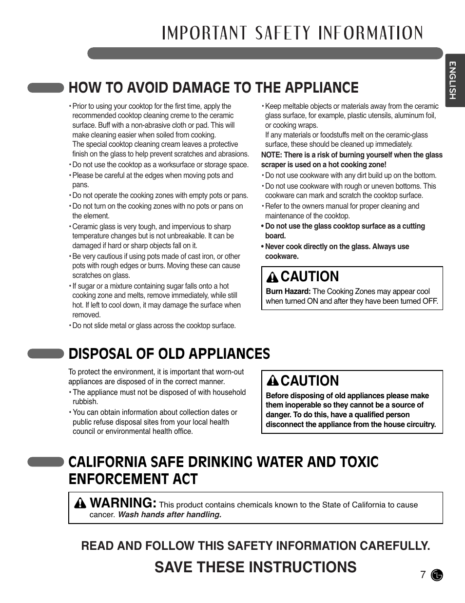 Save these instructions, How to avoid damage to the appliance, Disposal of old appliances | Caution, Warning, Read and follow this safety information carefully | LG LCE3681ST User Manual | Page 7 / 100