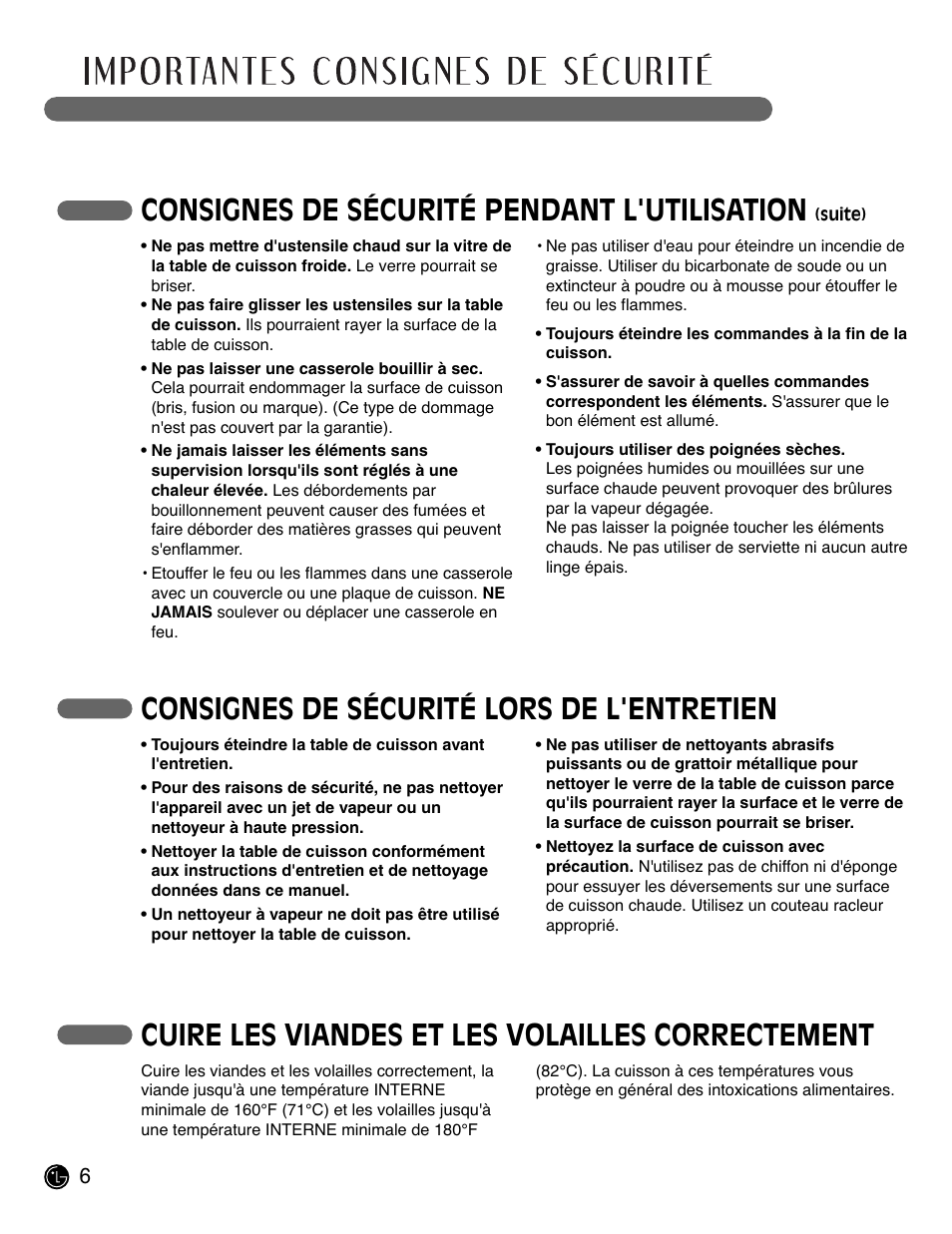 Consignes de sécurité pendant l'utilisation, Consignes de sécurité lors de l'entretien, Cuire les viandes et les volailles correctement | LG LCE3681ST User Manual | Page 70 / 100
