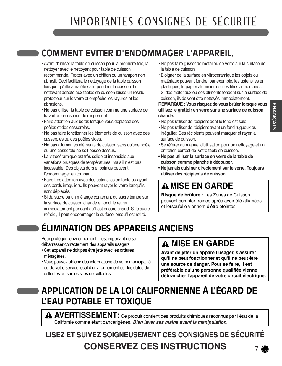 Conservez ces instructions, Comment eviter d'endommager l'appareil, Élimination des appareils anciens | Mise en garde, Avertissement | LG LCE3681ST User Manual | Page 71 / 100