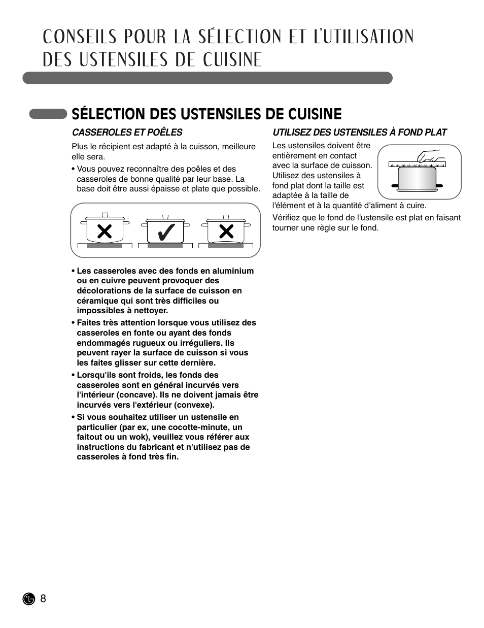 Sélection des ustensiles de cuisine | LG LCE3681ST User Manual | Page 72 / 100