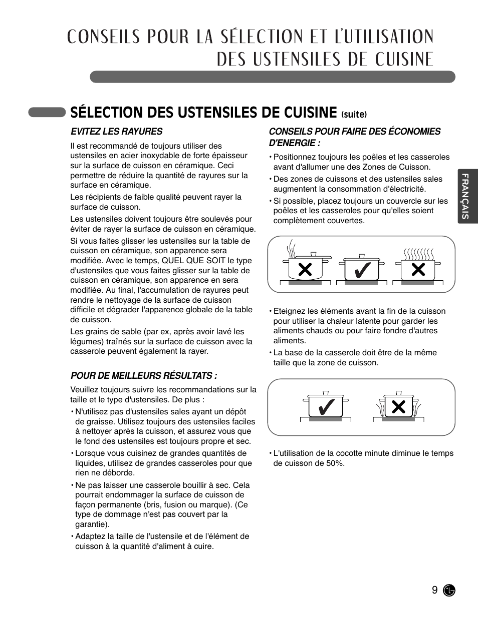Sélection des ustensiles de cuisine | LG LCE3681ST User Manual | Page 73 / 100