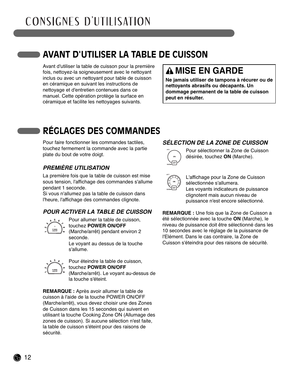 Avant d'utiliser la table de cuisson, Réglages des commandes mise en garde | LG LCE3681ST User Manual | Page 76 / 100