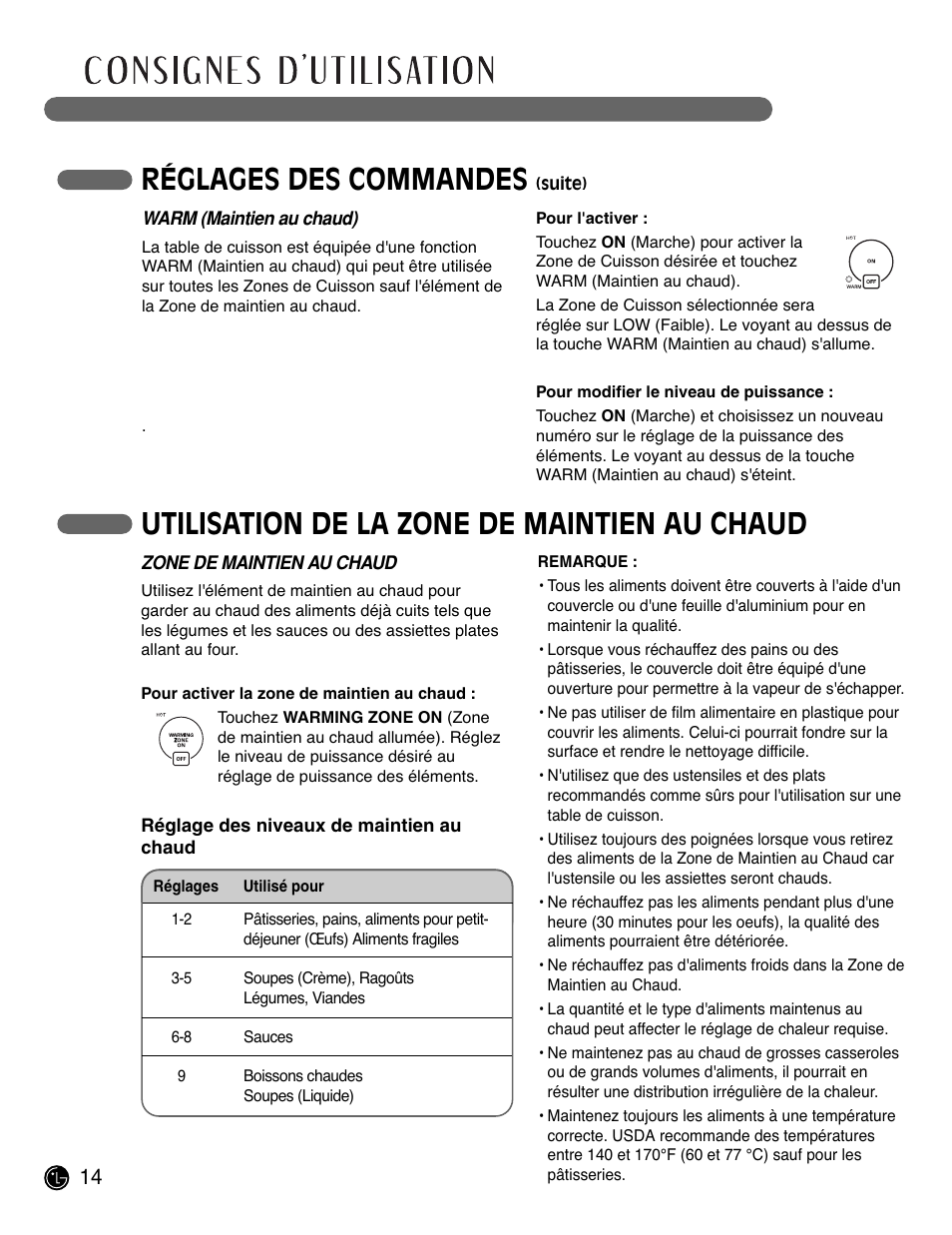 Réglages des commandes, Utilisation de la zone de maintien au chaud | LG LCE3681ST User Manual | Page 78 / 100