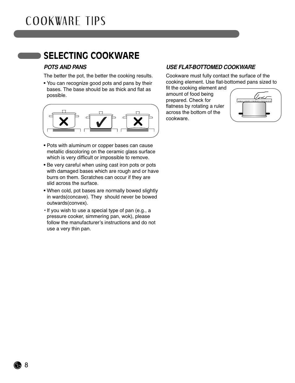 Selecting cookware | LG LCE3681ST User Manual | Page 8 / 100