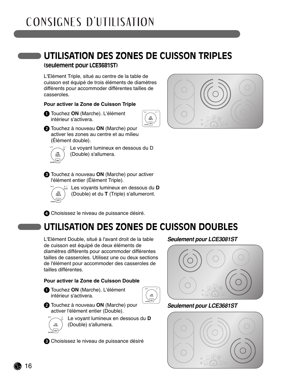 Utilisation des zones de cuisson triples, Utilisation des zones de cuisson doubles | LG LCE3681ST User Manual | Page 80 / 100