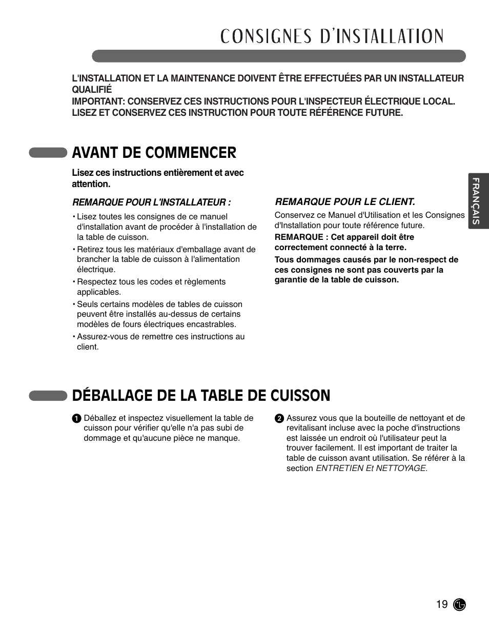 Avant de commencer, Déballage de la table de cuisson | LG LCE3681ST User Manual | Page 83 / 100