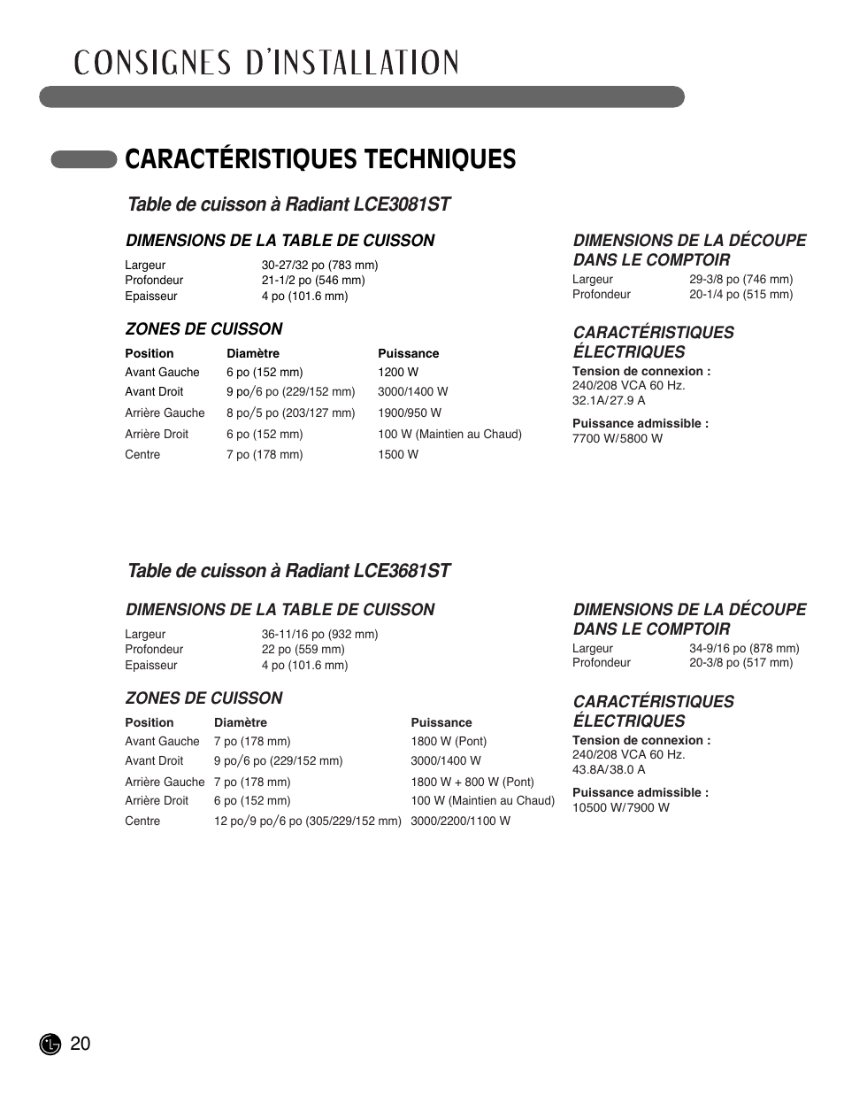 Caractéristiques techniques | LG LCE3681ST User Manual | Page 84 / 100