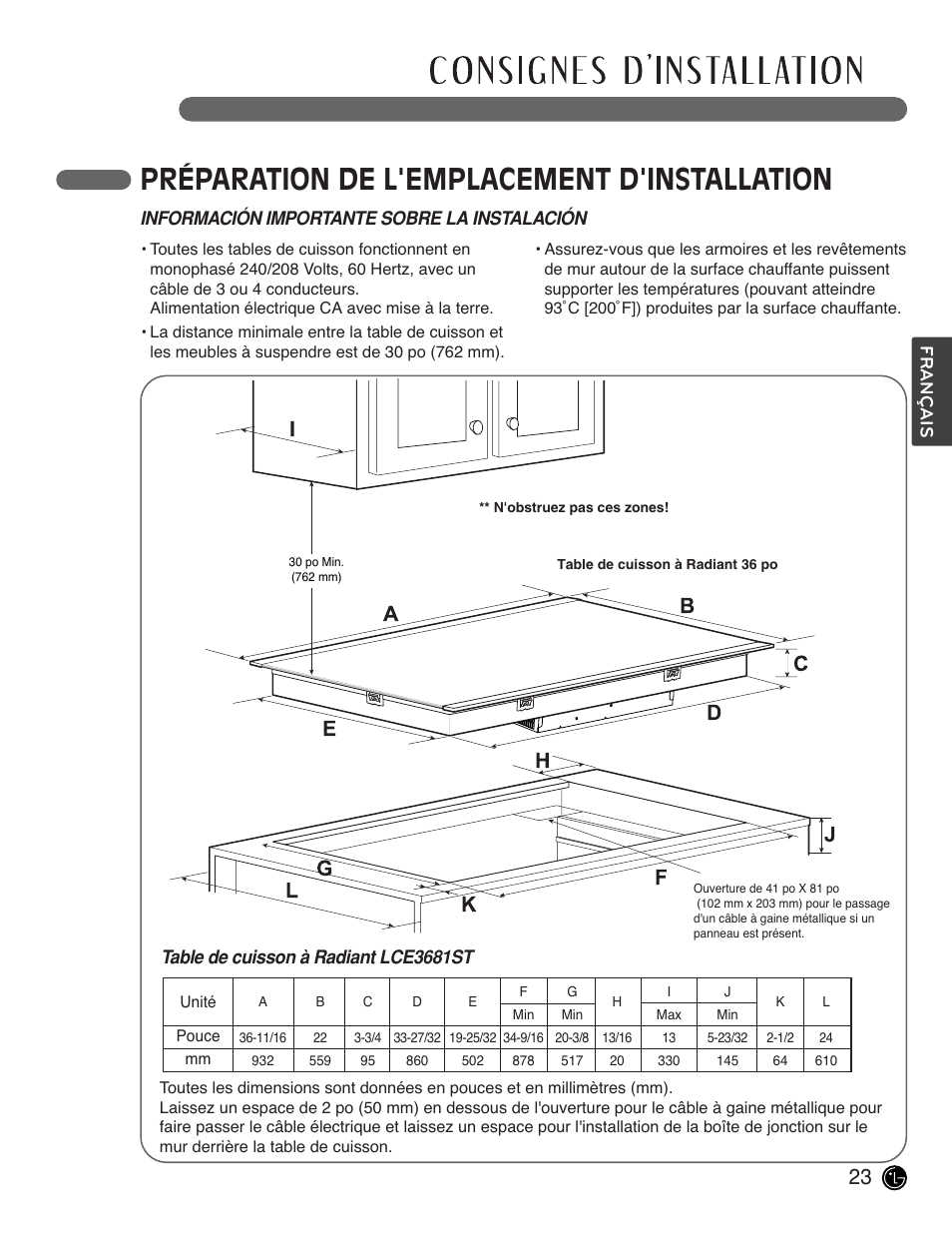 Préparation de l'emplacement d'installation | LG LCE3681ST User Manual | Page 87 / 100