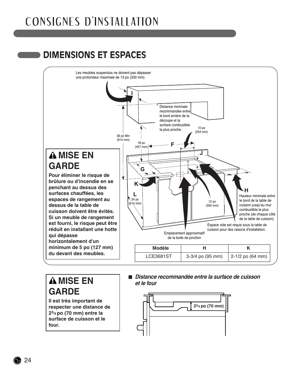 Dimensions et espaces, Mise en garde | LG LCE3681ST User Manual | Page 88 / 100
