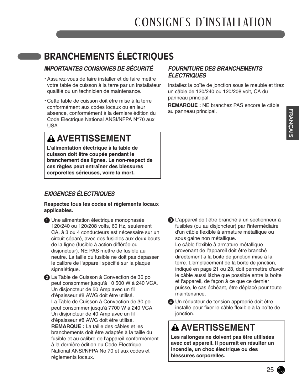 Branchements électriques, Avertissement | LG LCE3681ST User Manual | Page 89 / 100